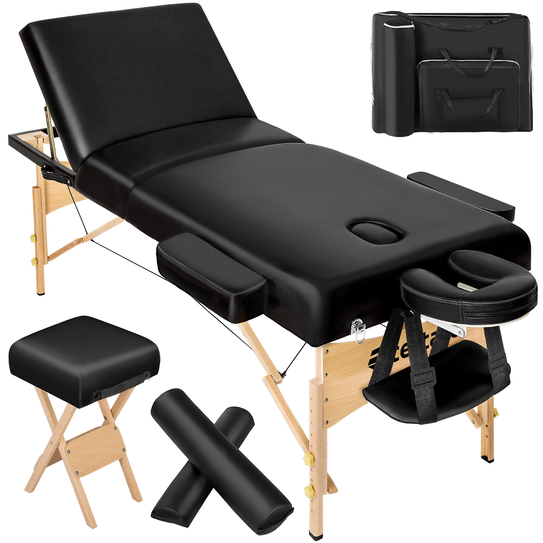 3 Zonen Massageliege-Set mit 10cm Polsterung, Lagerungsrollen und Holzgestell - schwarz