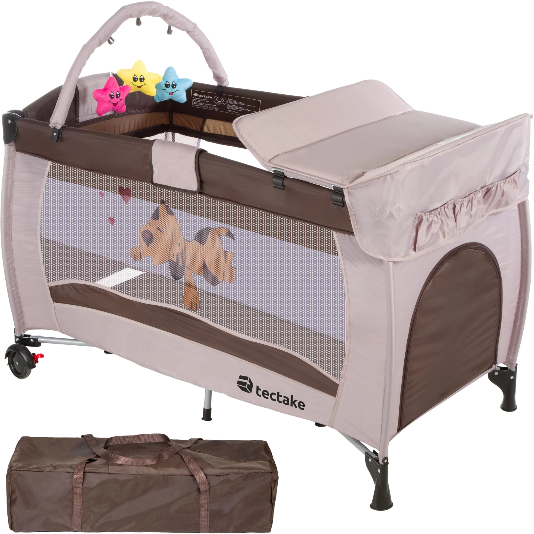 Kinderreisebett Hund 132x75x104cm mit Wickelauflage und Transporttasche - braun