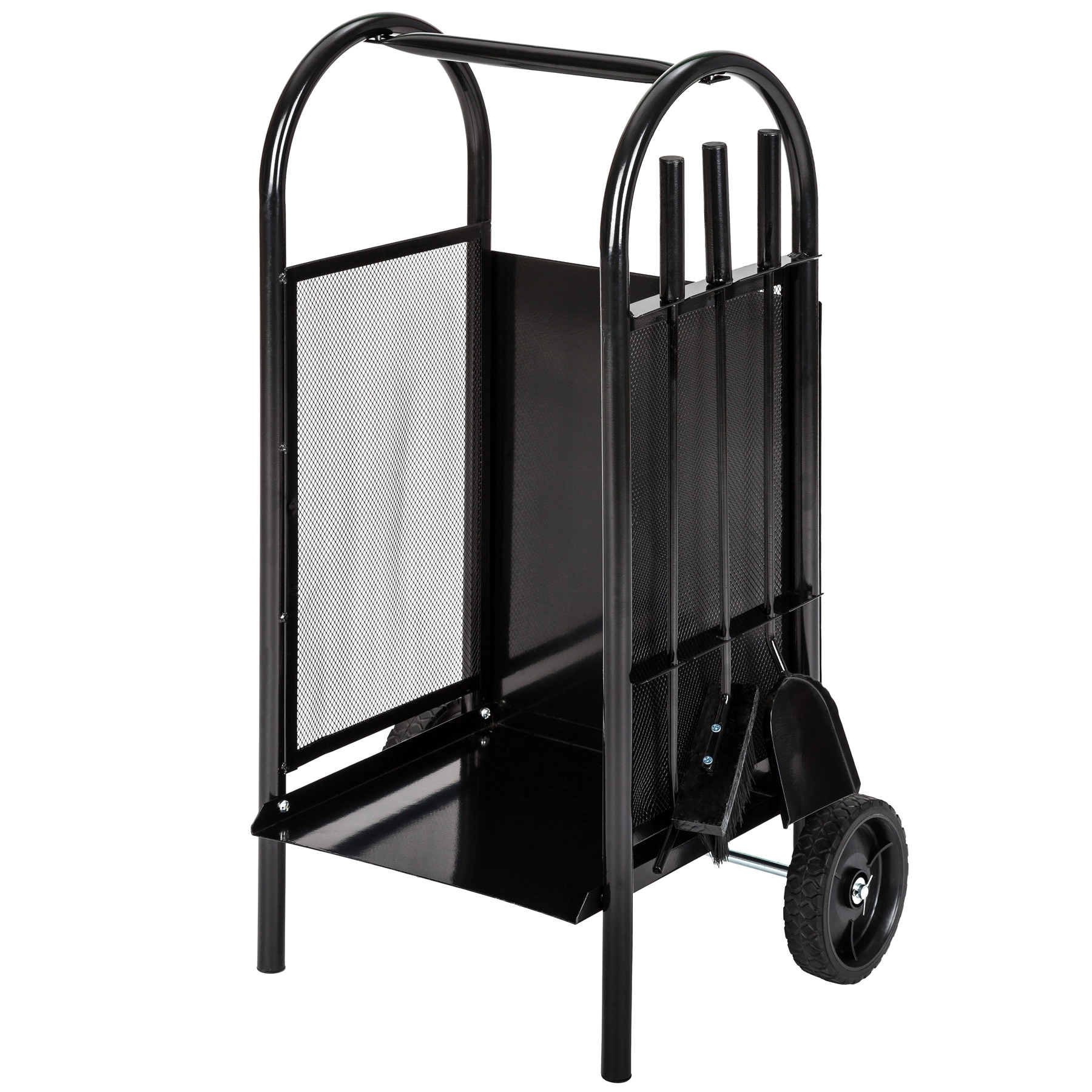 Kaminholzwagen mit Schaufel, Schürhaken und Besen - schwarz