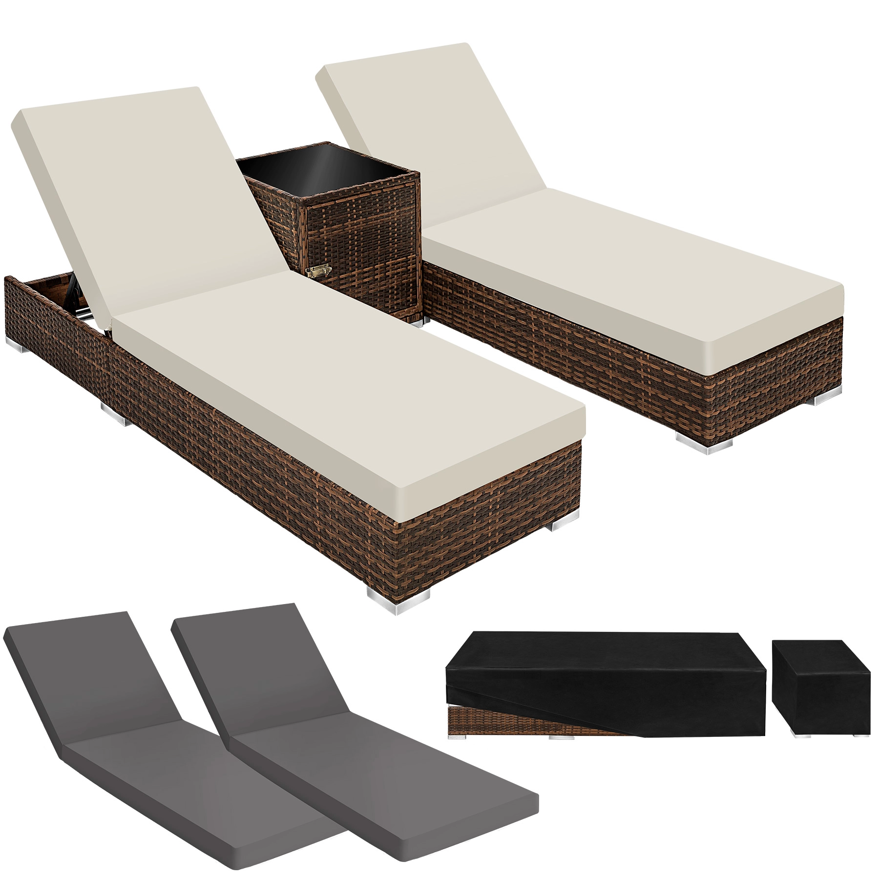 2 Sonnenliegen Rattan mit Aluminiumgestell und Tisch inkl. Schutzhülle - braun