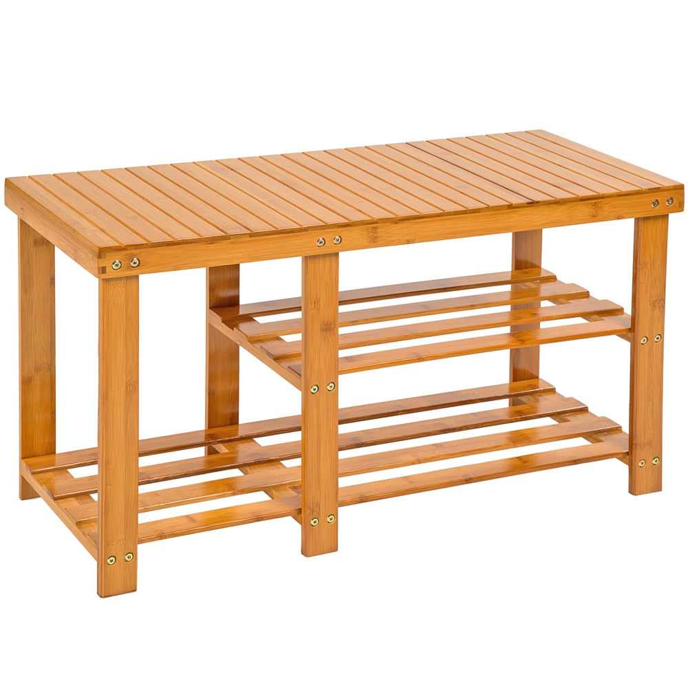 Bambus Schuhbank mit 2 Ebenen und Sitzbank mit getrenntem Abteil 87x28x45,5cm - braun