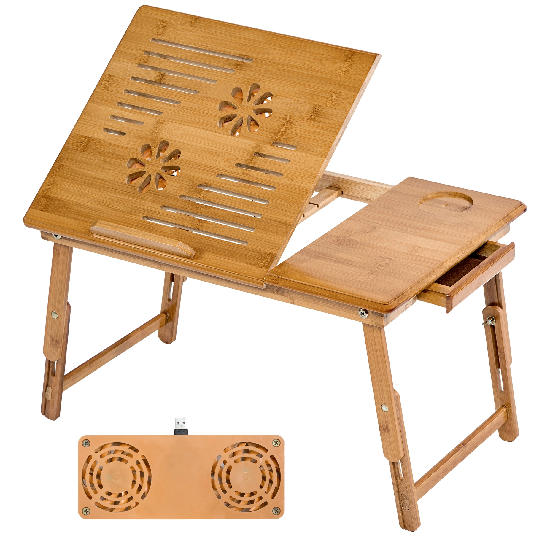 Laptoptisch aus Holz, höhenverstellbar, mit USB-Doppellüfter - braun