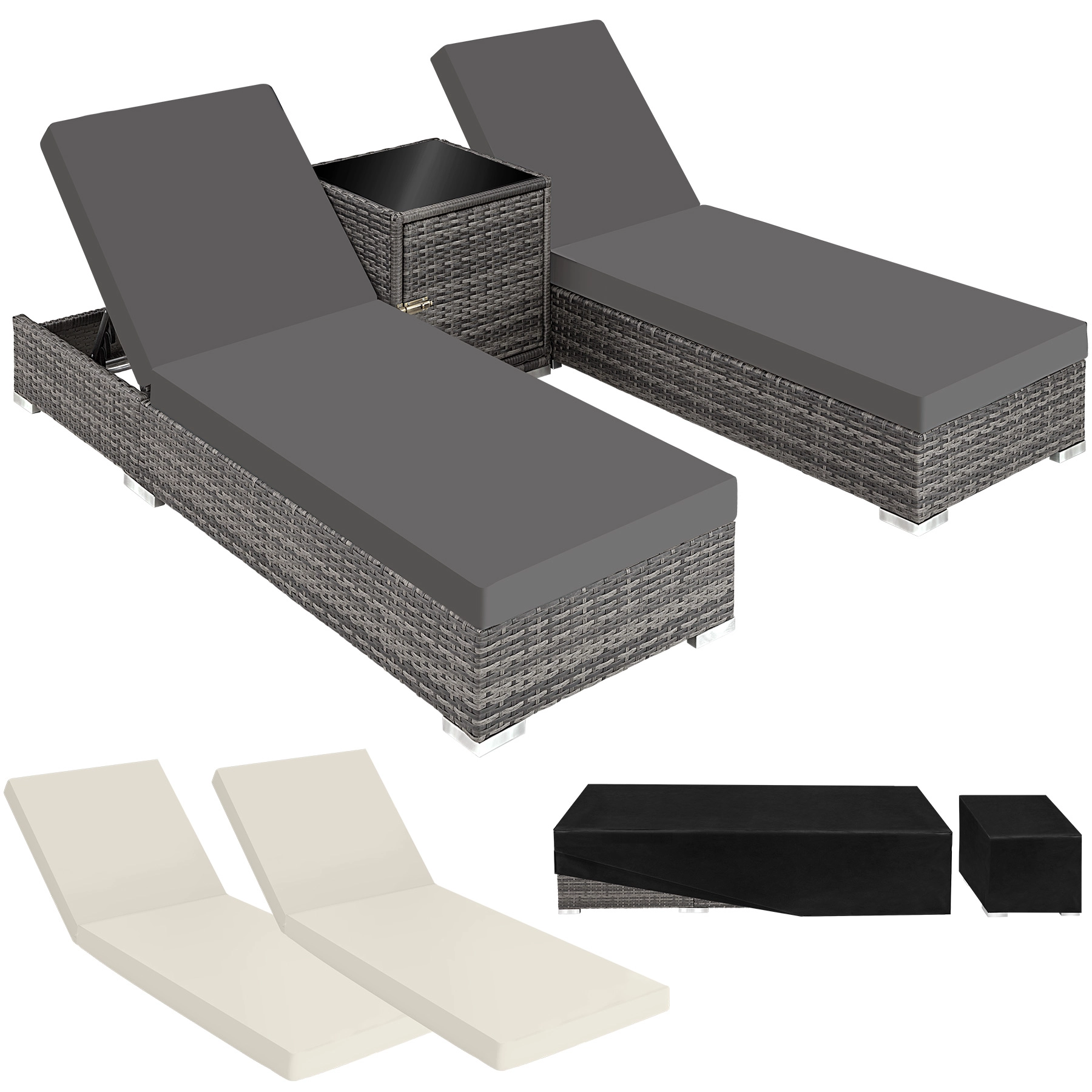 2 Sonnenliegen Rattan mit Aluminiumgestell und Tisch inkl. Schutzhülle - grau