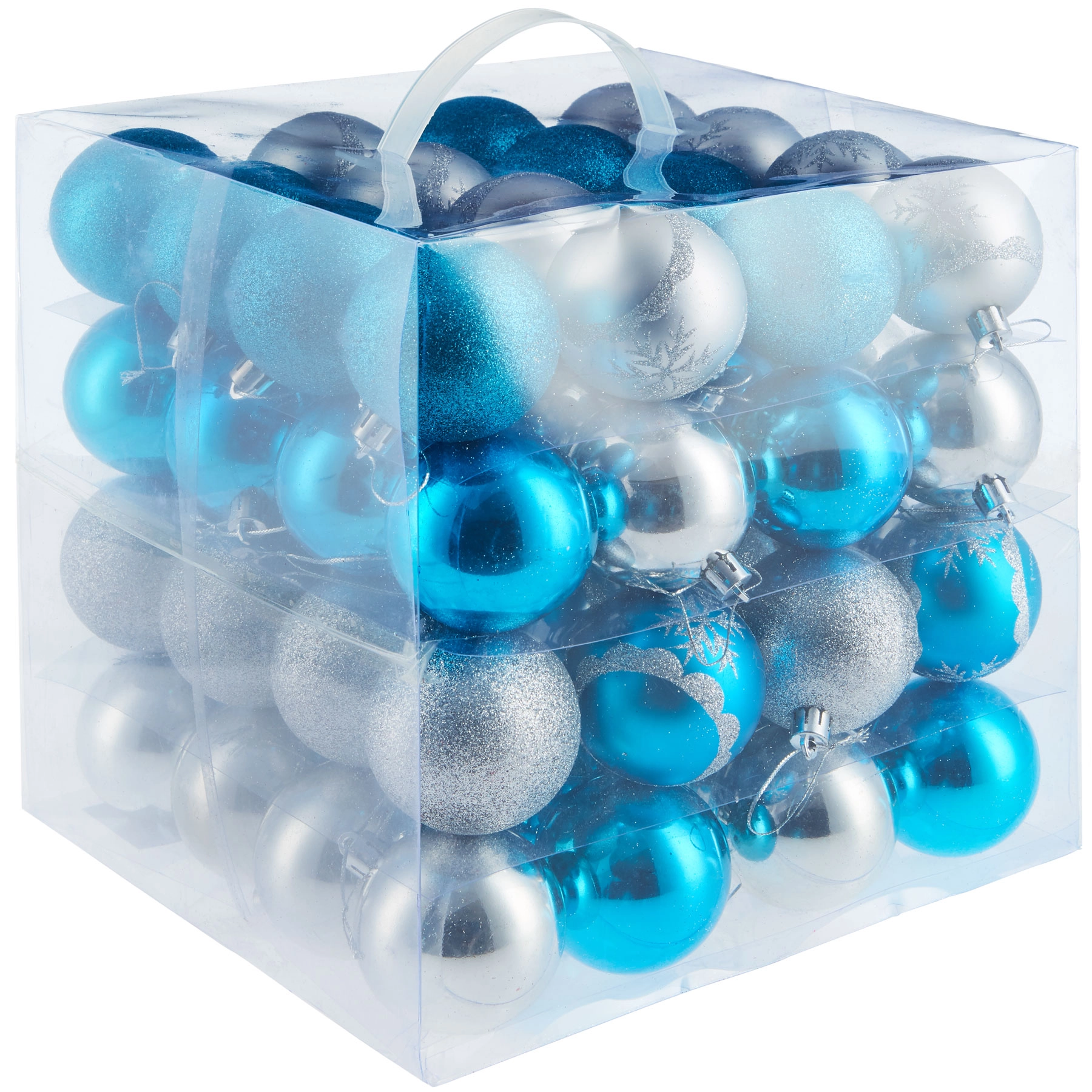 64 Christbaumkugeln unzerbrechlich in Silber/Blau - silber/blau
