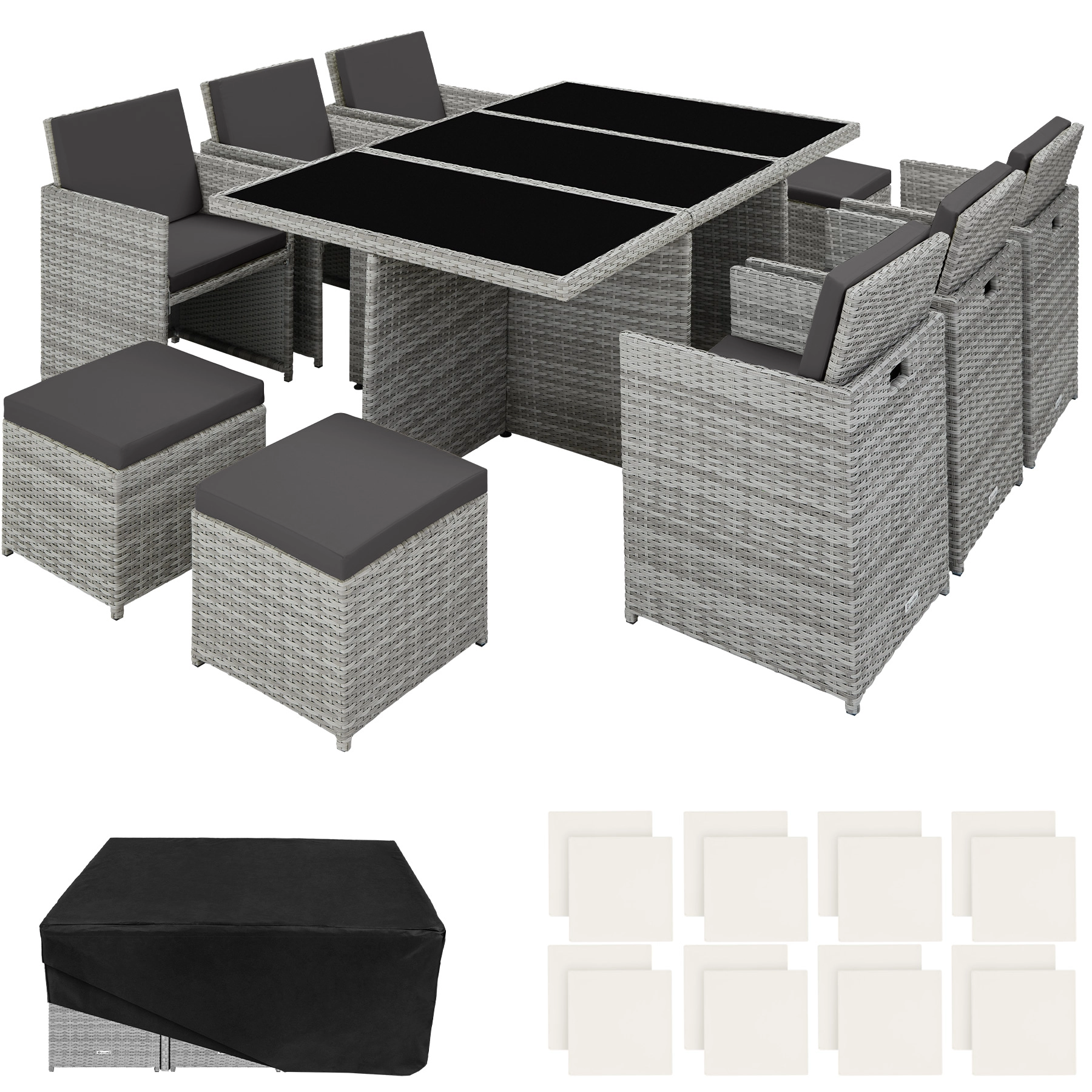 Aluminium Rattan Sitzgruppe New York 6+4+1 mit Schutzhülle - hellgrau