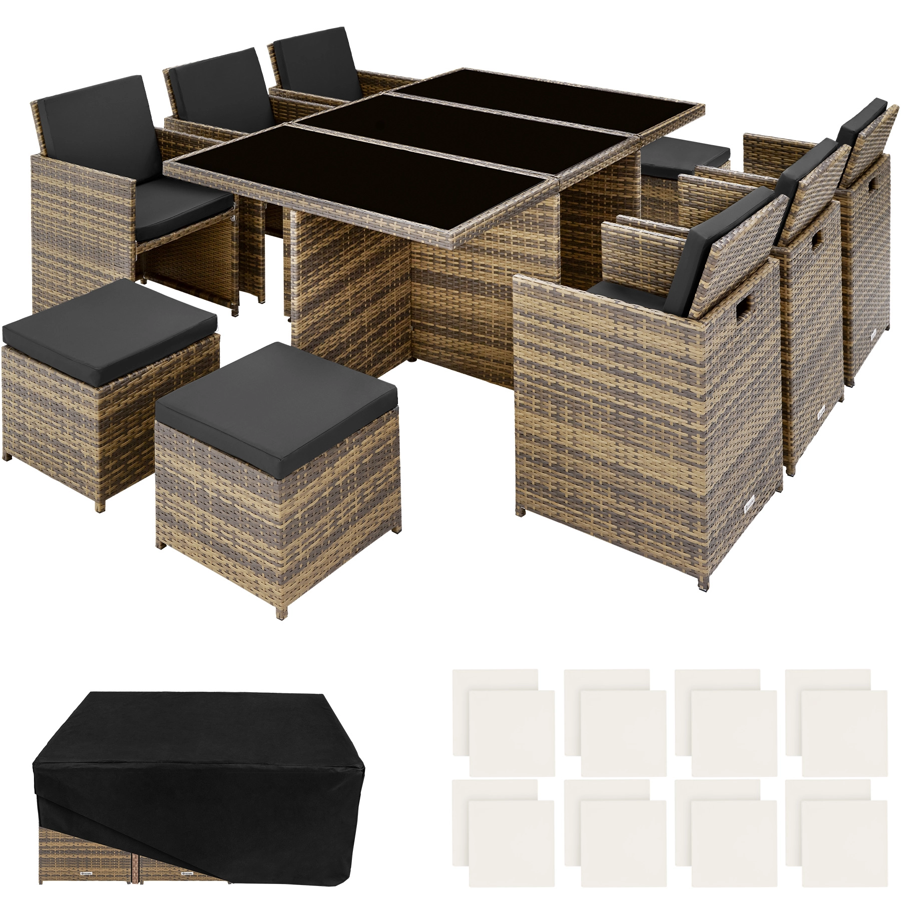 Aluminium Rattan Sitzgruppe New York 6+4+1 mit Schutzhülle - natur