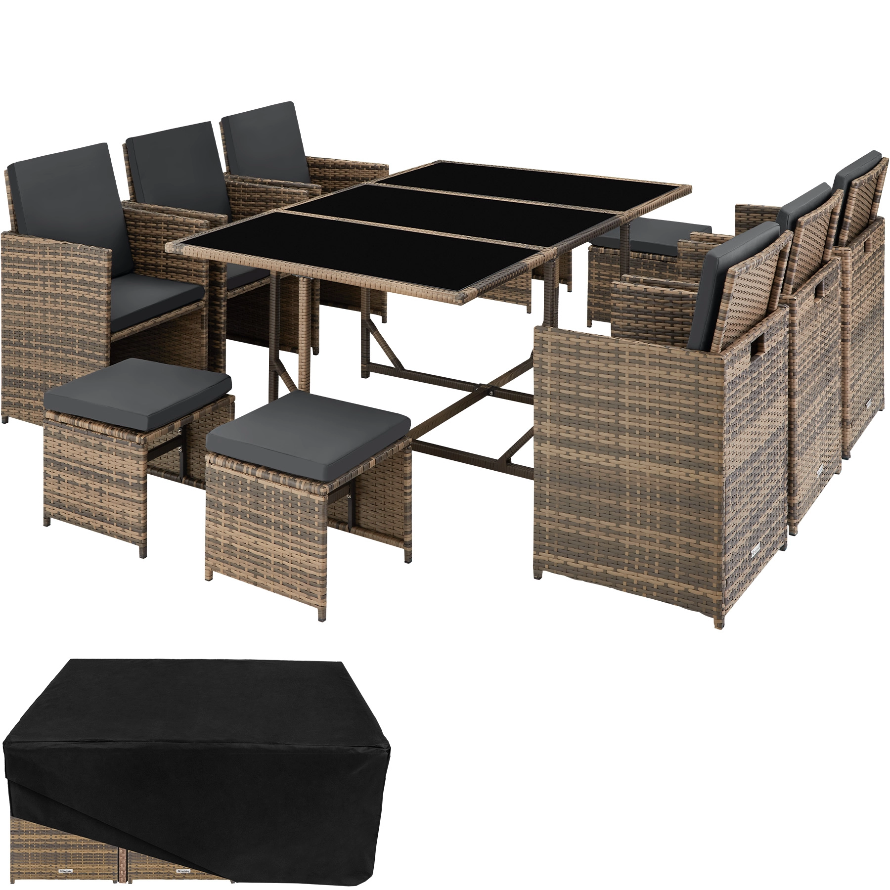 Rattan Sitzgruppe Malaga 6+4+1 mit Schutzhülle - natur