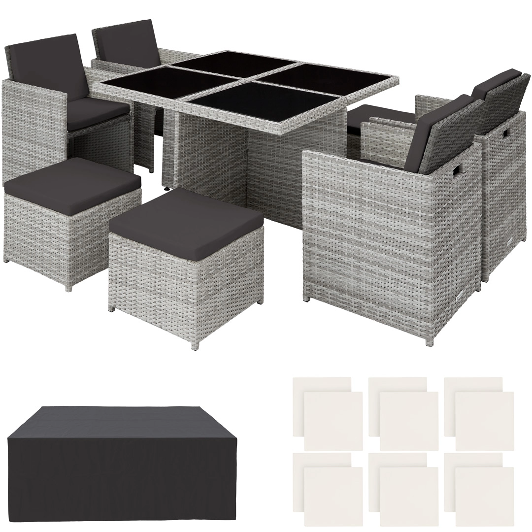 Aluminium Rattan Sitzgruppe Manhattan 4+4+1 mit Schutzhülle - hellgrau
