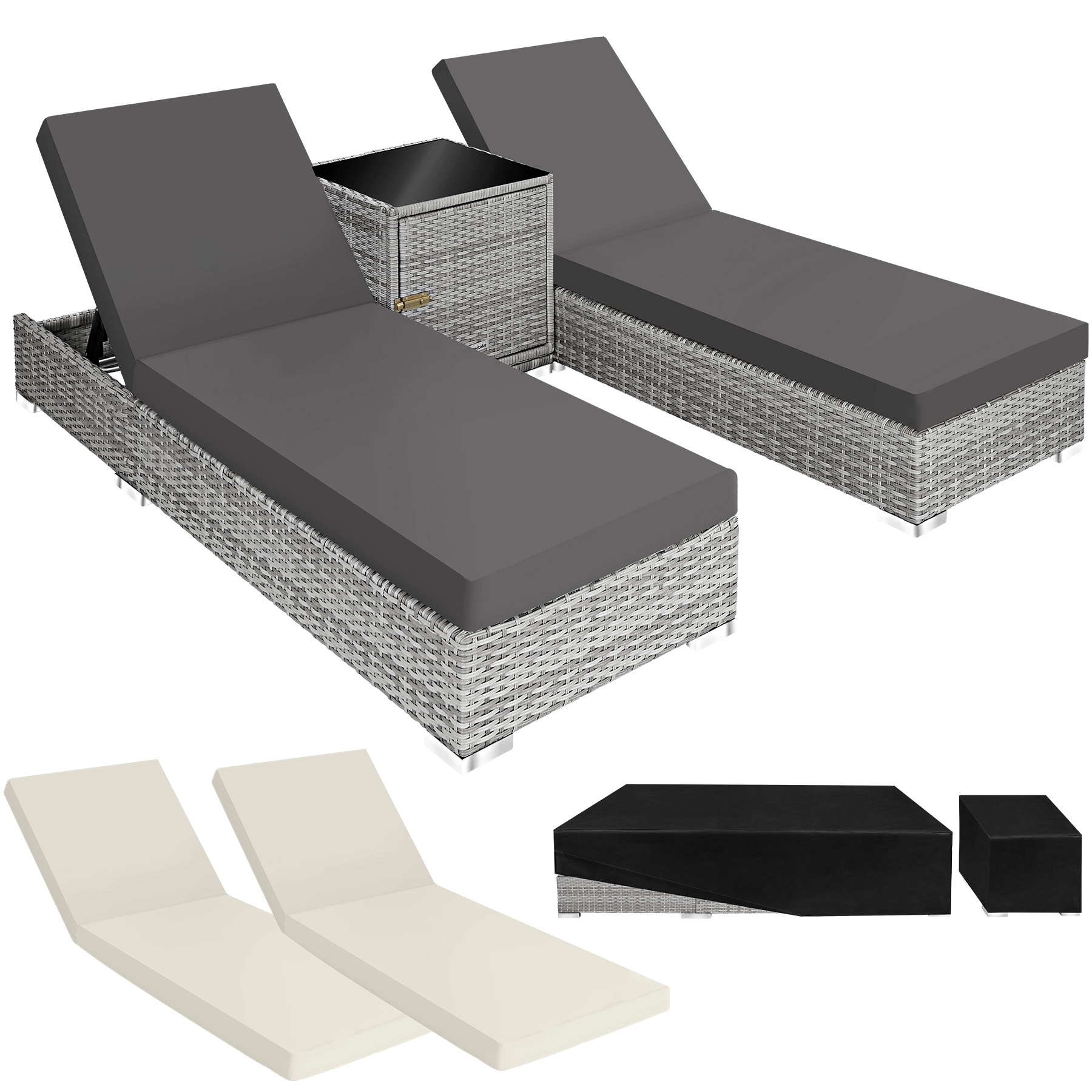 2 Sonnenliegen Rattan mit Aluminiumgestell und Tisch inkl. Schutzhülle - hellgrau