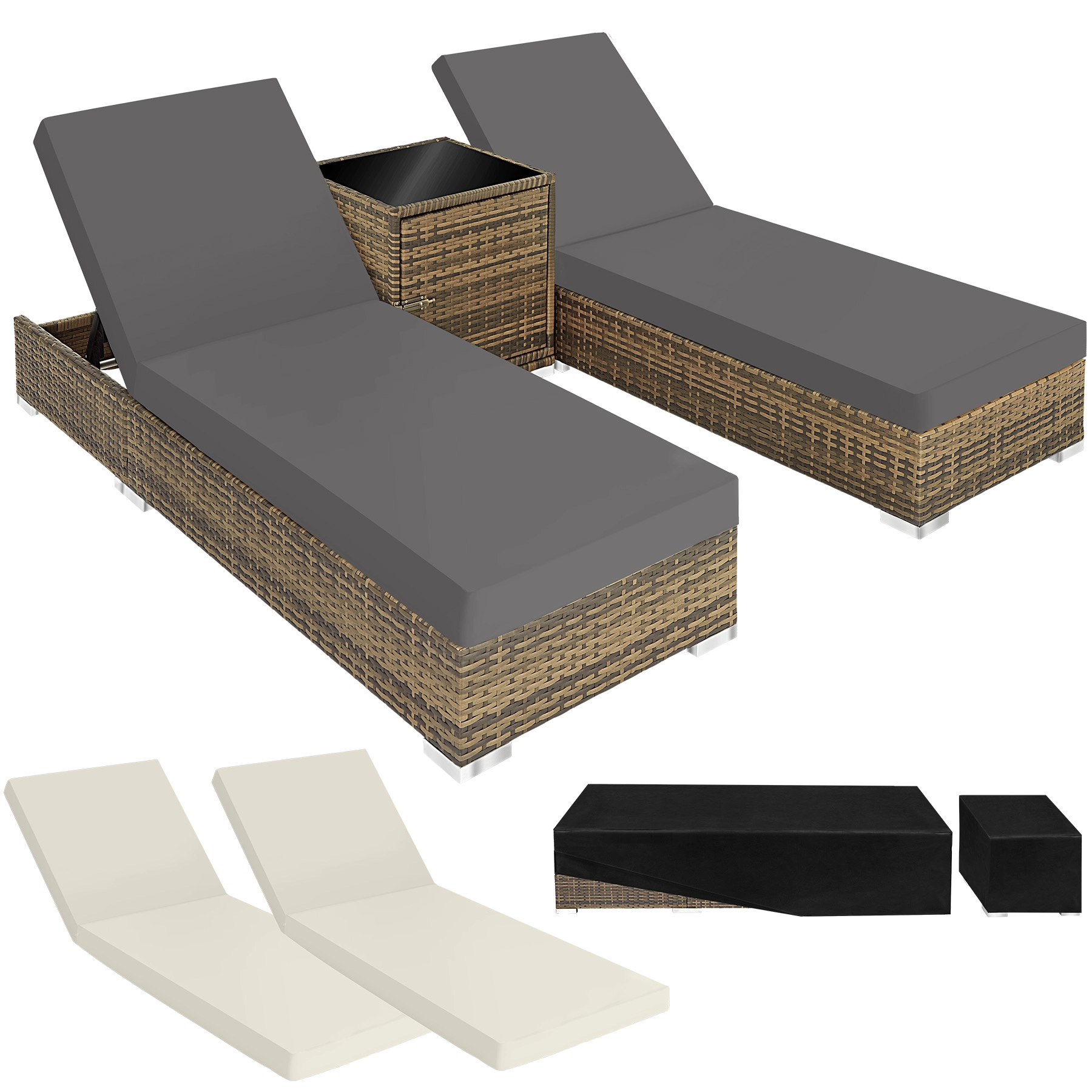 2 Sonnenliegen Rattan mit Aluminiumgestell und Tisch inkl. Schutzhülle - natur