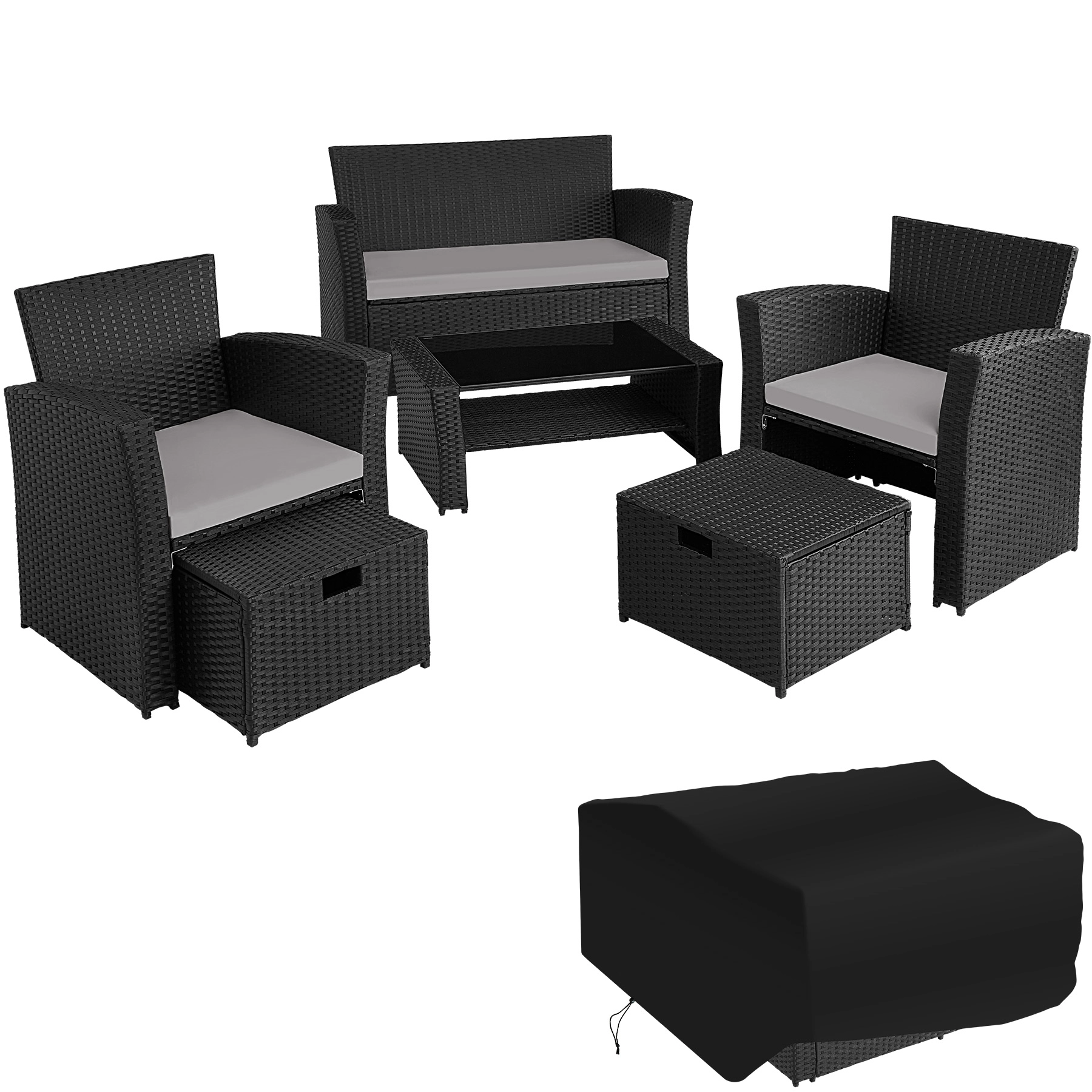 Rattan Sitzgruppe Modena 3+2+1 inkl. Schutzhülle - schwarz/grau