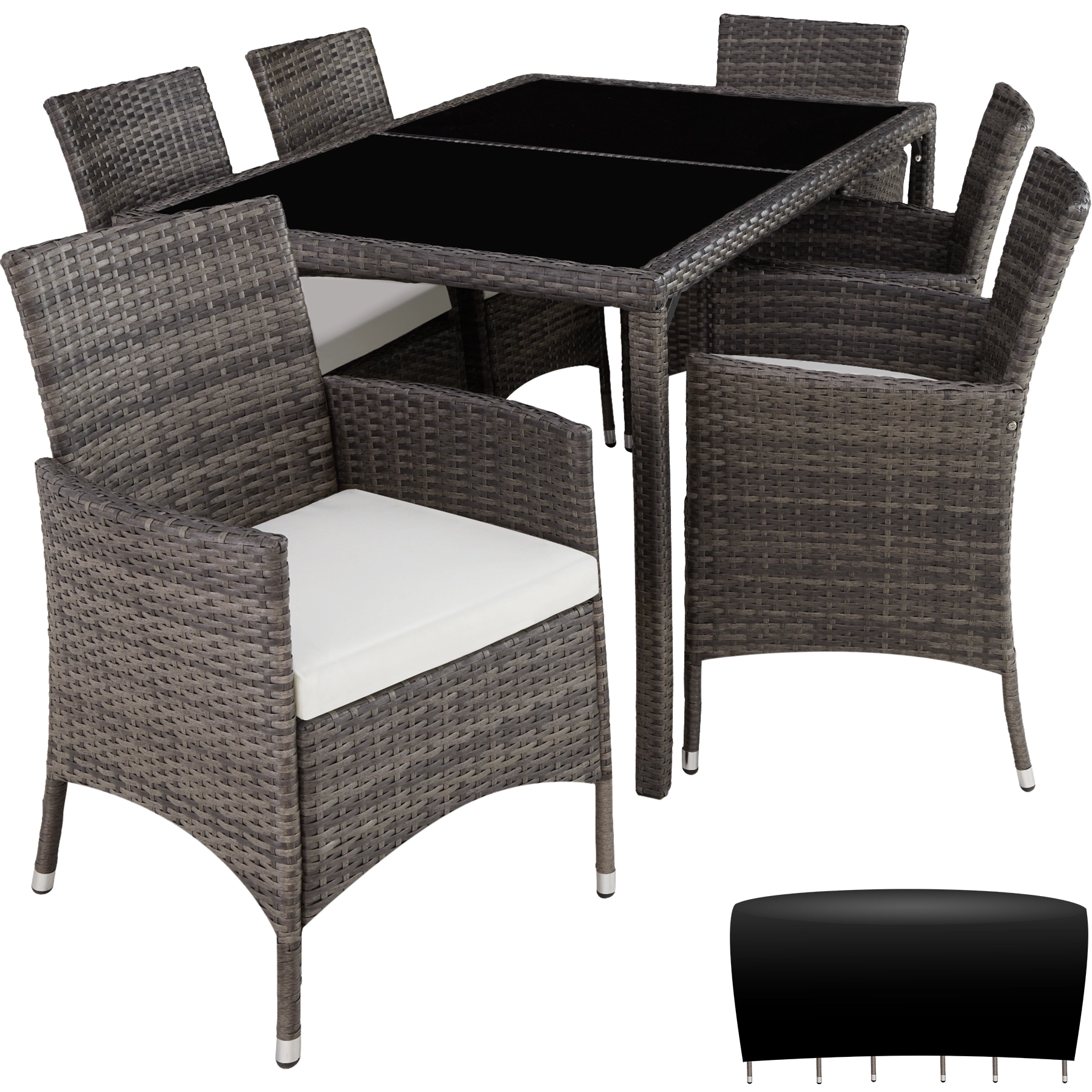 Rattan Sitzgruppe 6+1 mit Schutzhülle - grau/weiß