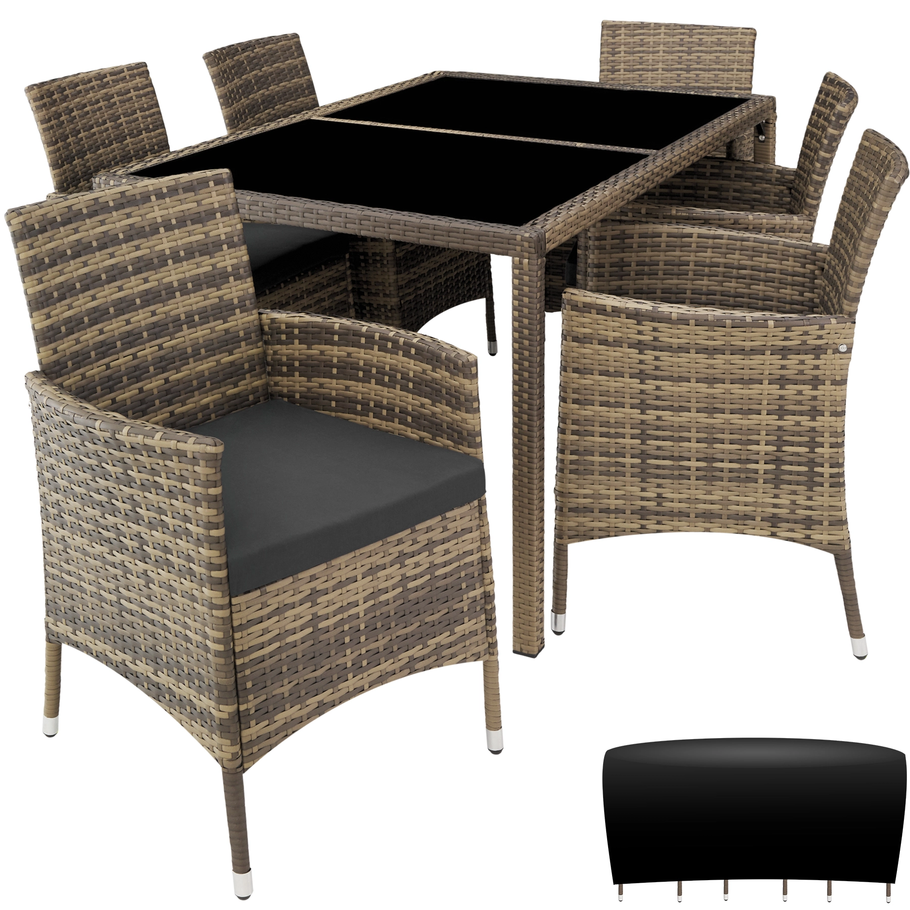 Rattan Sitzgruppe 6+1 mit Schutzhülle - natur/dunkelgrau