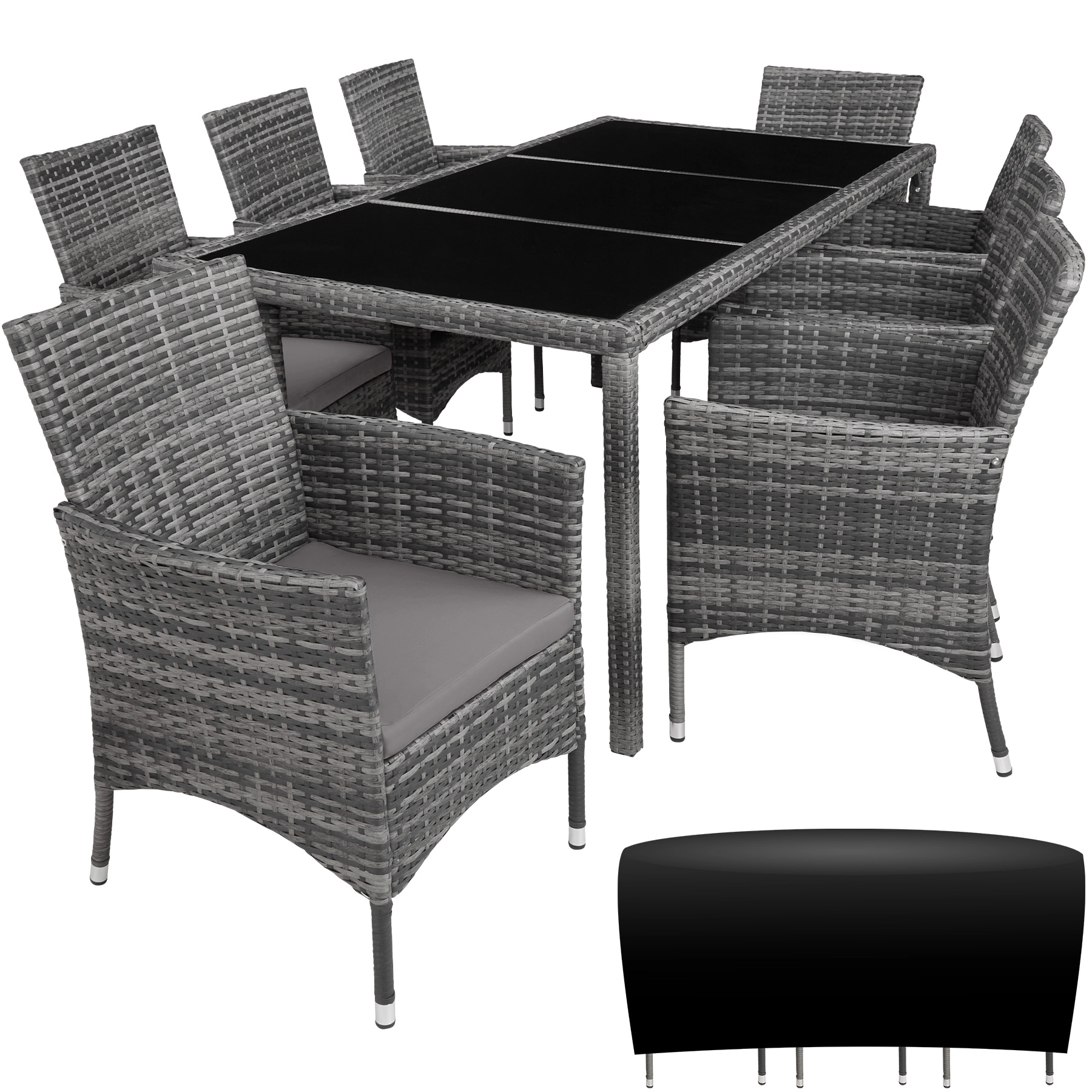 Rattan Sitzgruppe 8+1 mit Schutzhülle - grau-meliert/grau