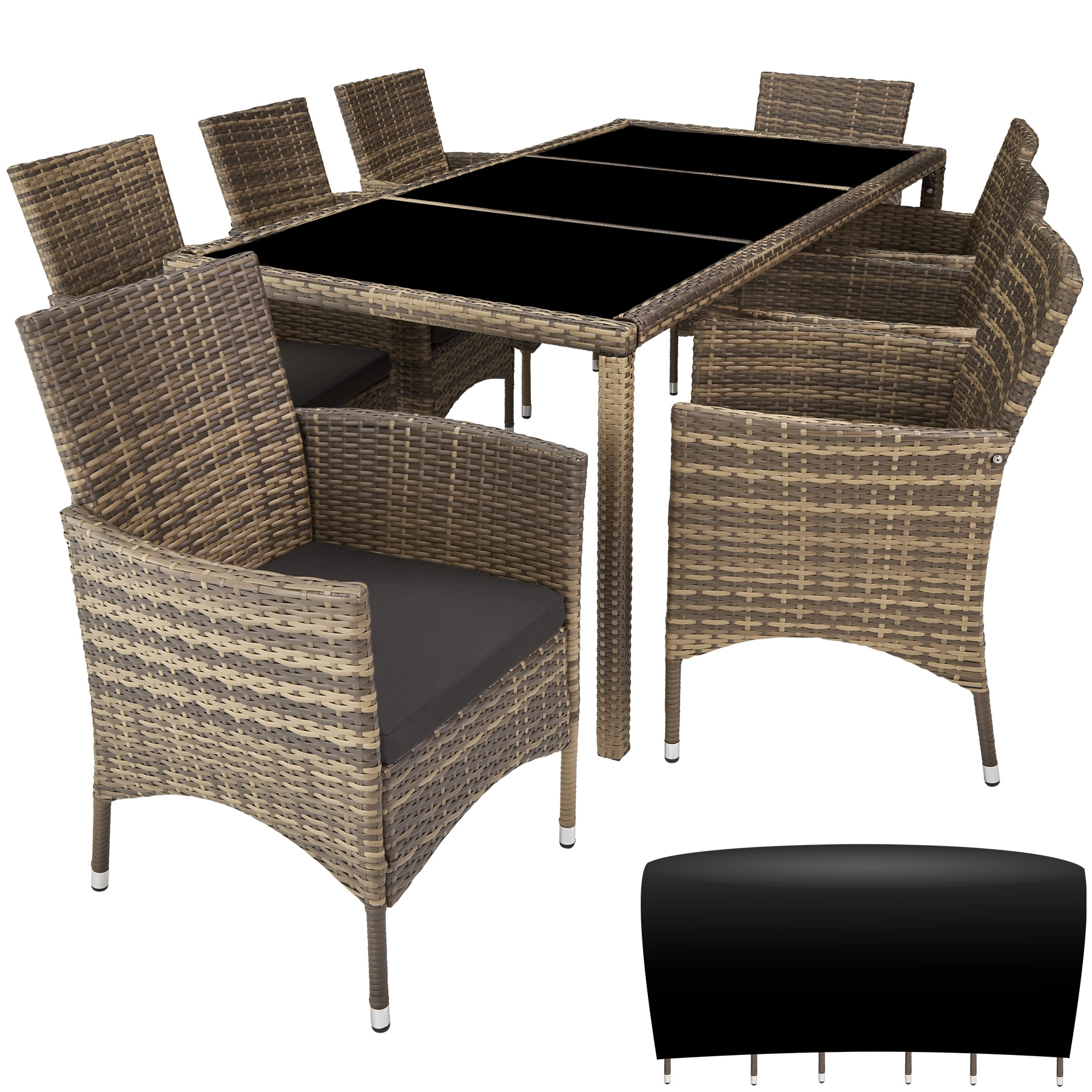 Rattan Sitzgruppe 8+1 mit Schutzhülle - natur/dunkelgrau