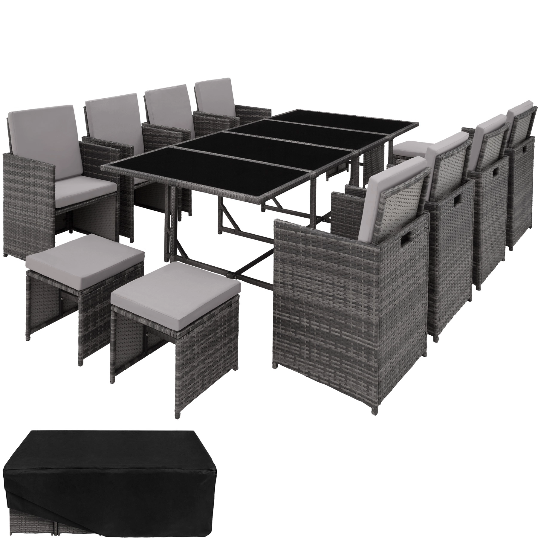 Rattan Sitzgruppe Palma 8+4+1 mit Schutzhülle - grau/hellgrau