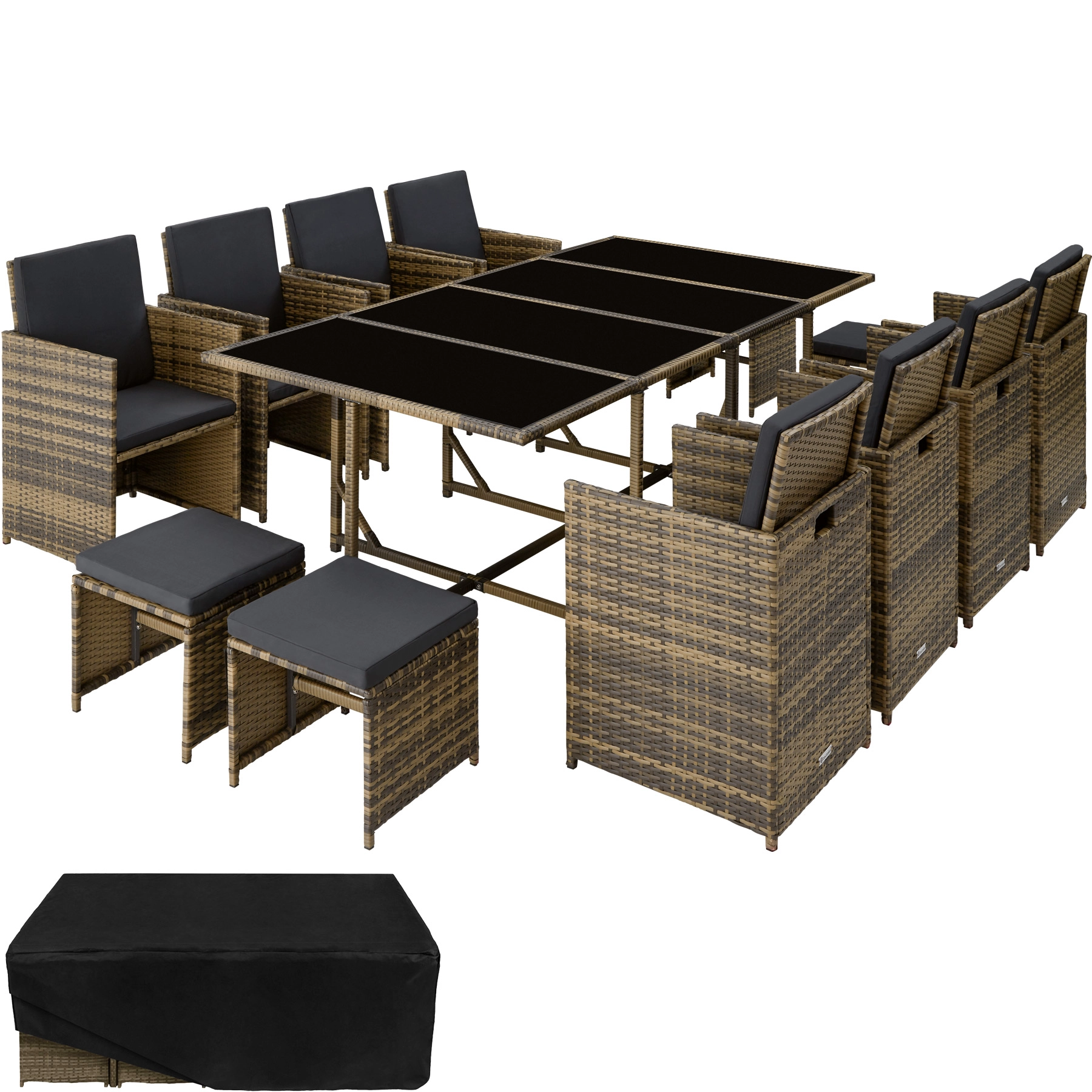 Rattan Sitzgruppe Palma 8+4+1 mit Schutzhülle - natur/dunkelgrau