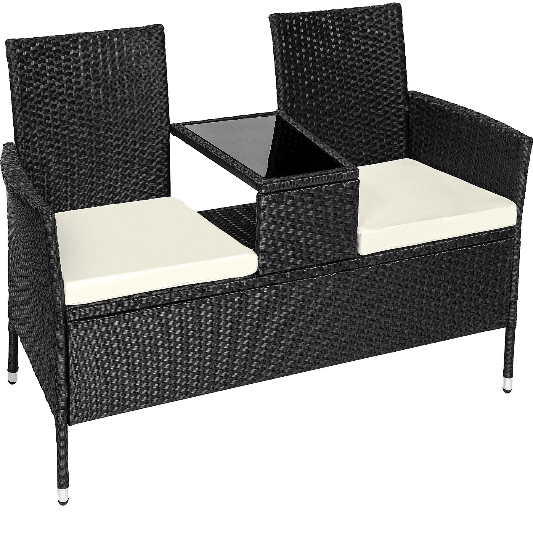 Rattan Gartensitzbank mit Tisch - schwarz/beige
