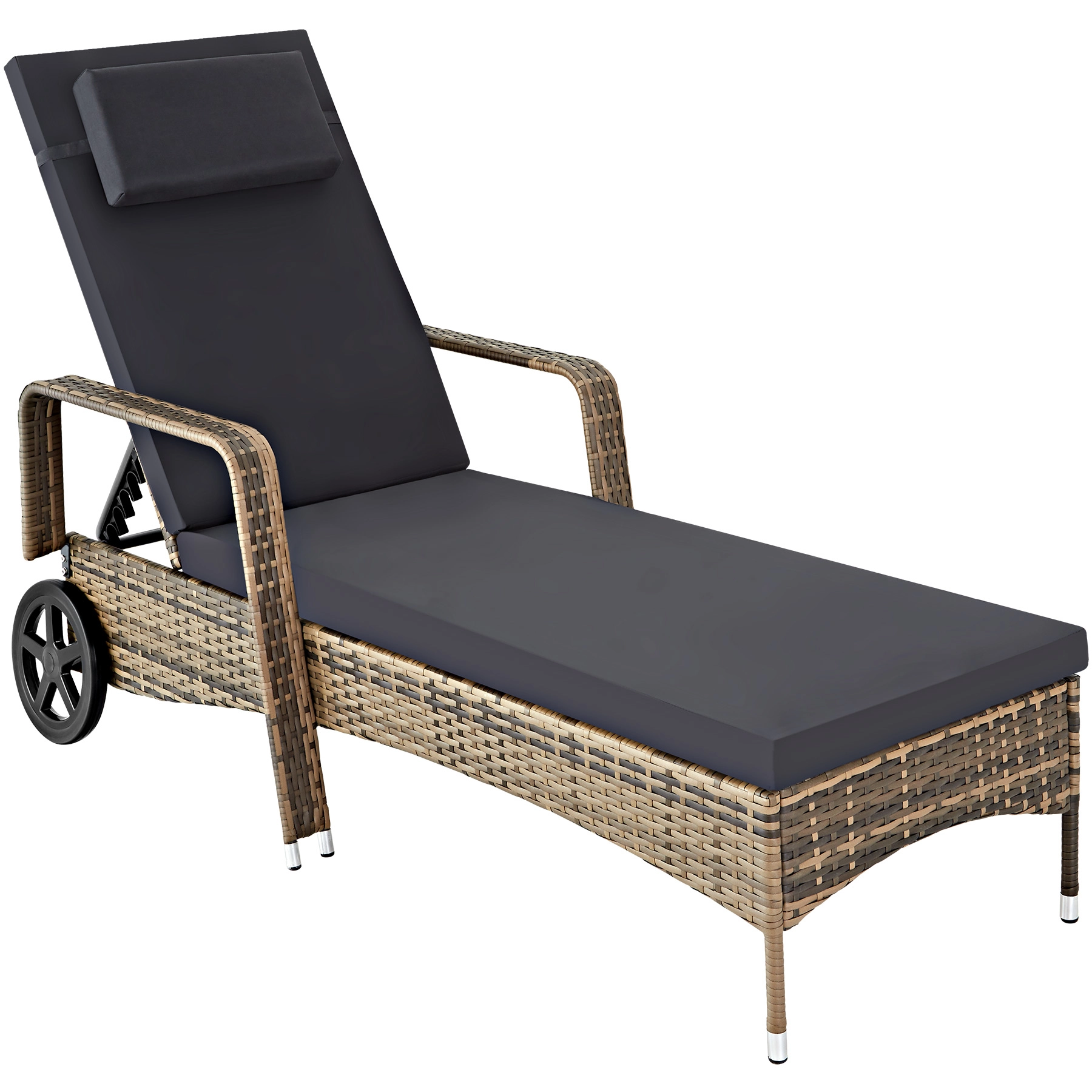 Sonnenliege Rattan mit Rollen - natur/dunkelgrau
