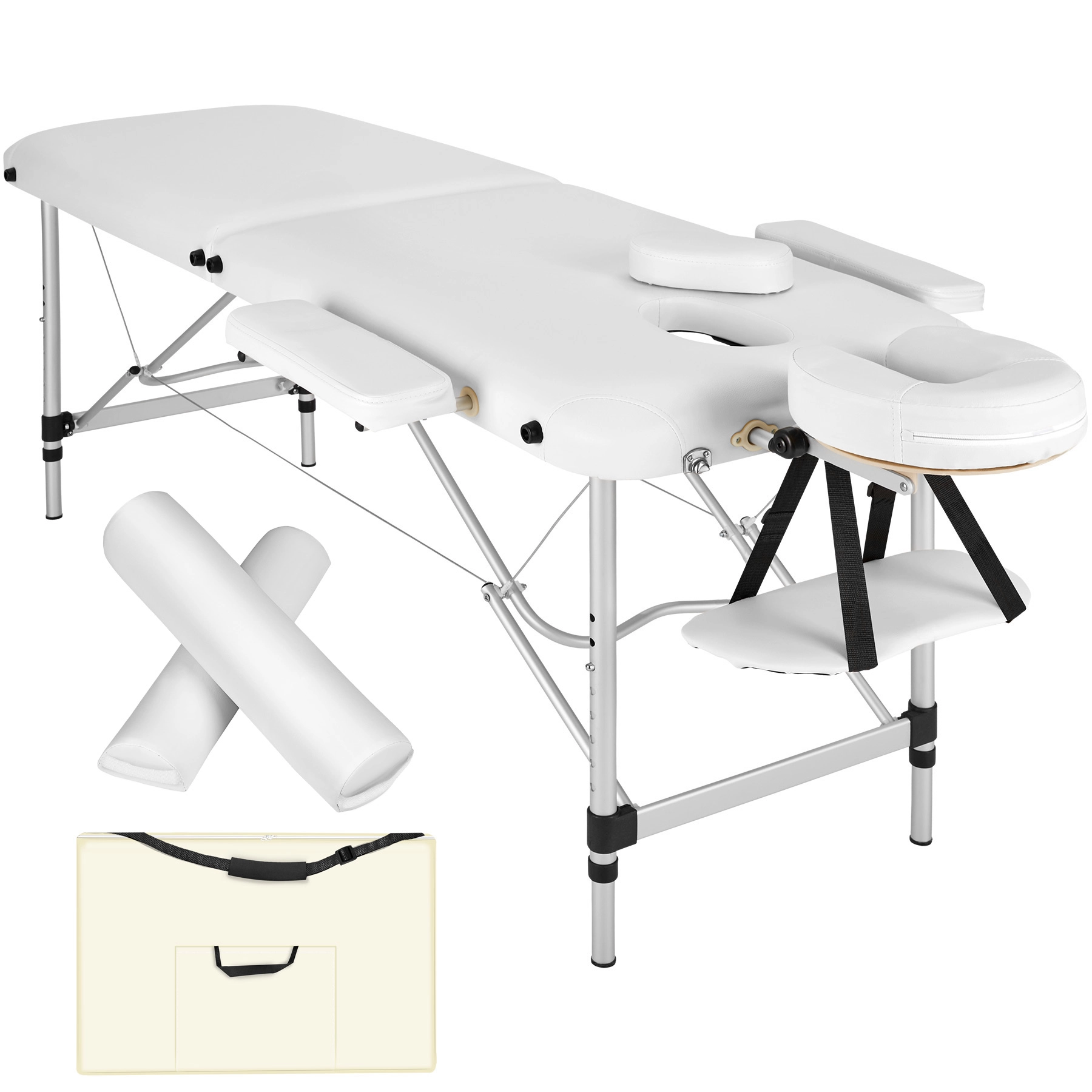 2 Zonen Massageliege mit Polsterung, Massagerollen und Aluminiumgestell - weiß