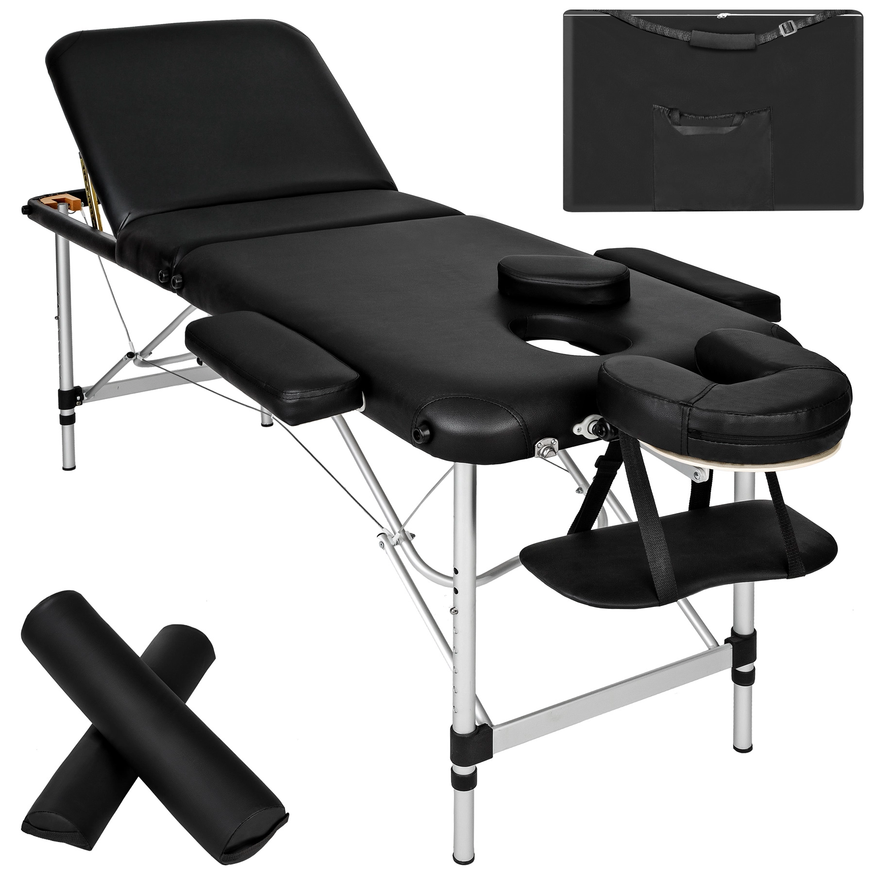 3 Zonen Massageliege mit 5cm Polsterung, Rollen und Aluminiumgestell - schwarz