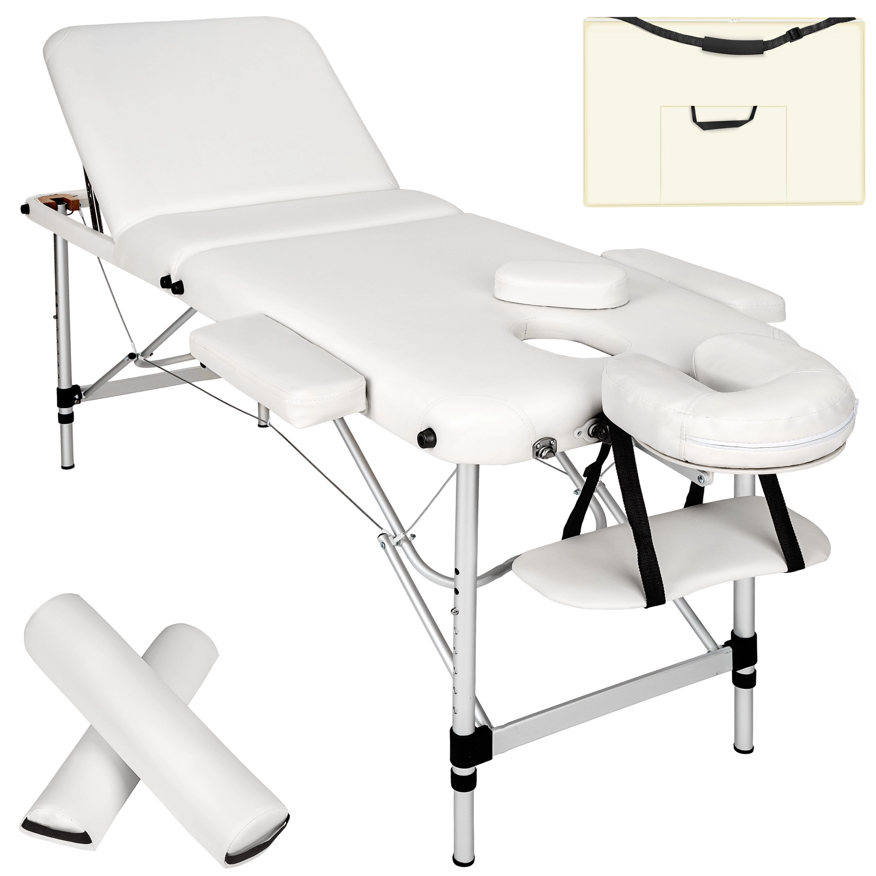 3 Zonen Massageliege mit 5cm Polsterung, Rollen und Aluminiumgestell - weiß