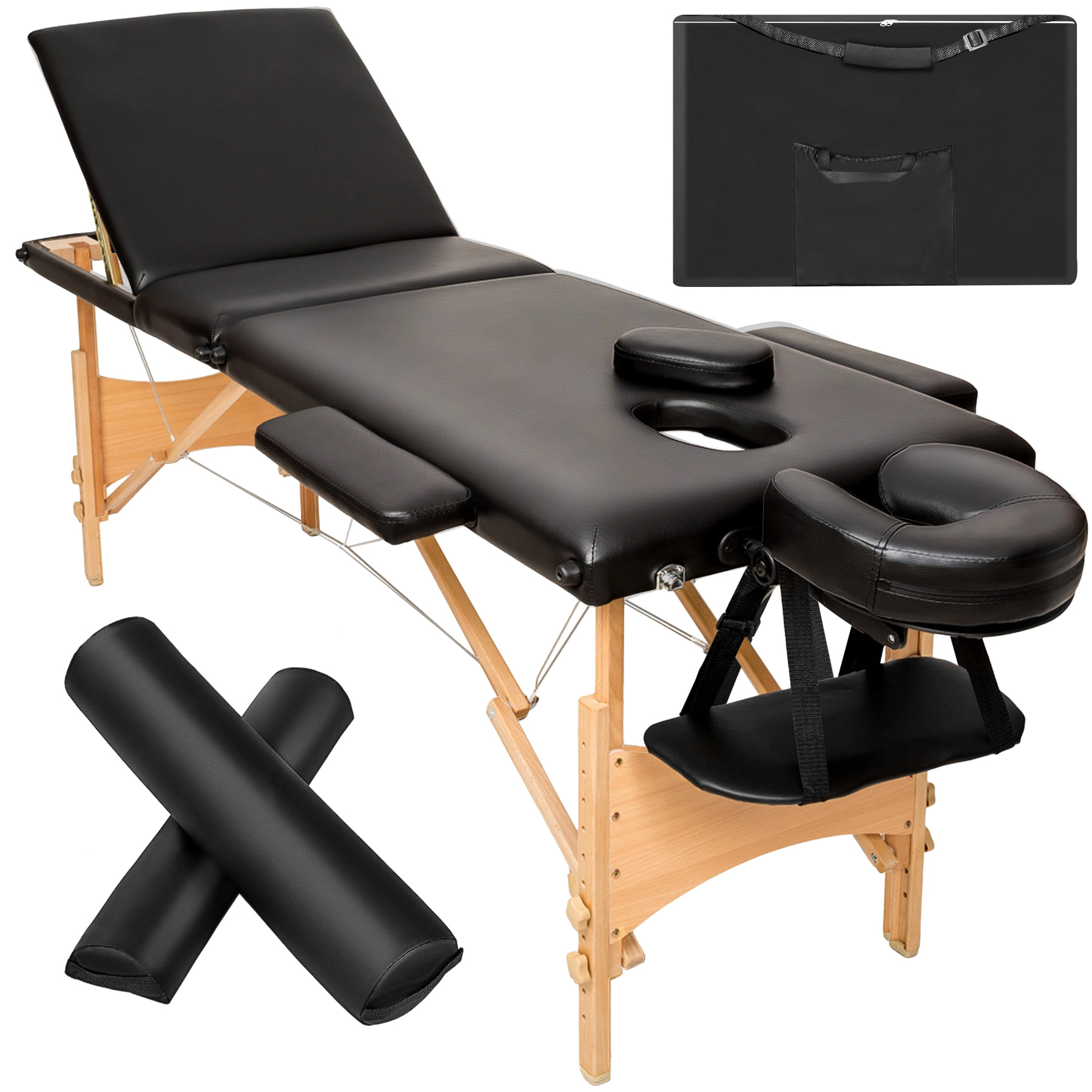 3 Zonen Massageliege-Set Daniel mit Polsterung, Rollen und Holzgestell - schwarz