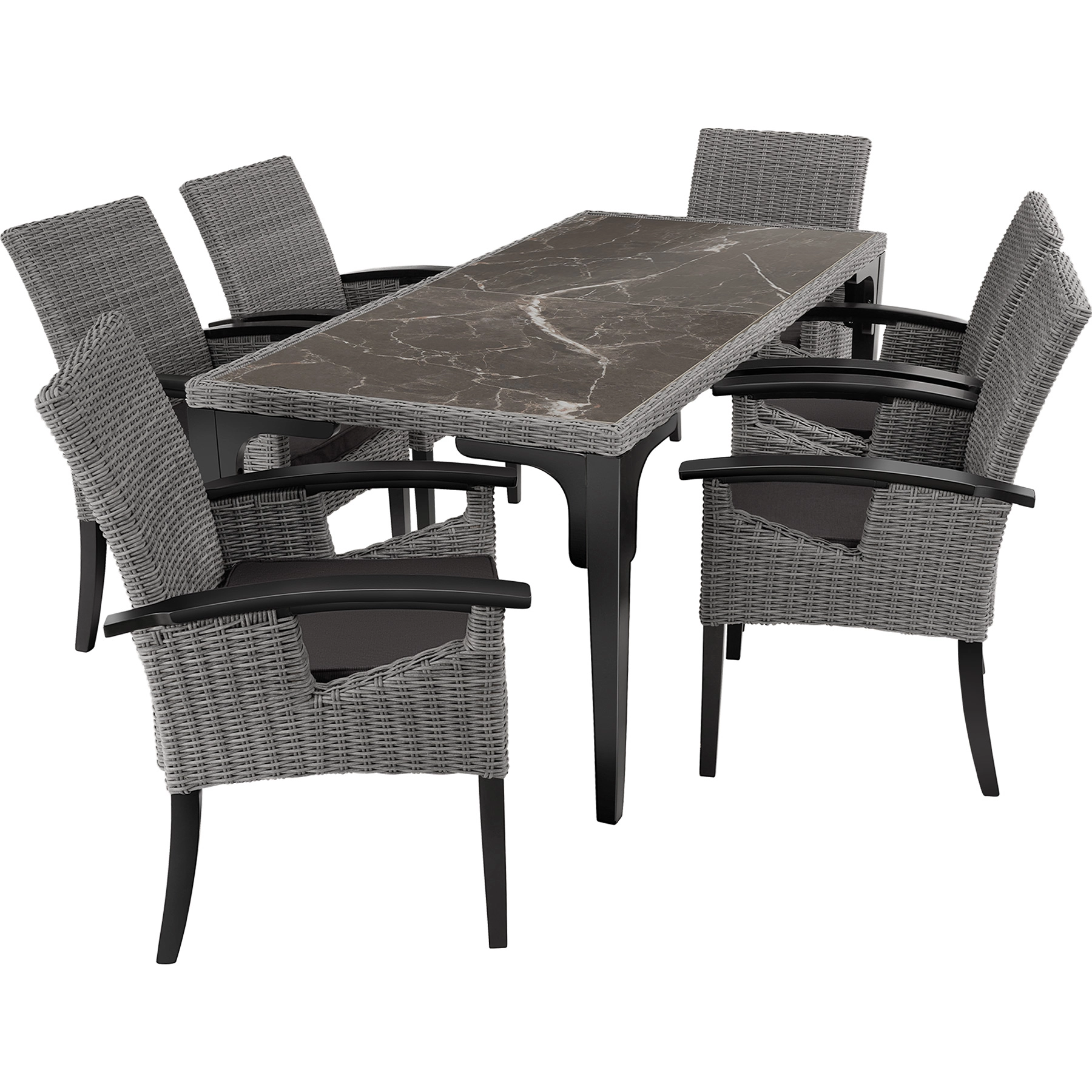 Rattan Tisch Foggia mit 6 Stühlen Rosarno - grau
