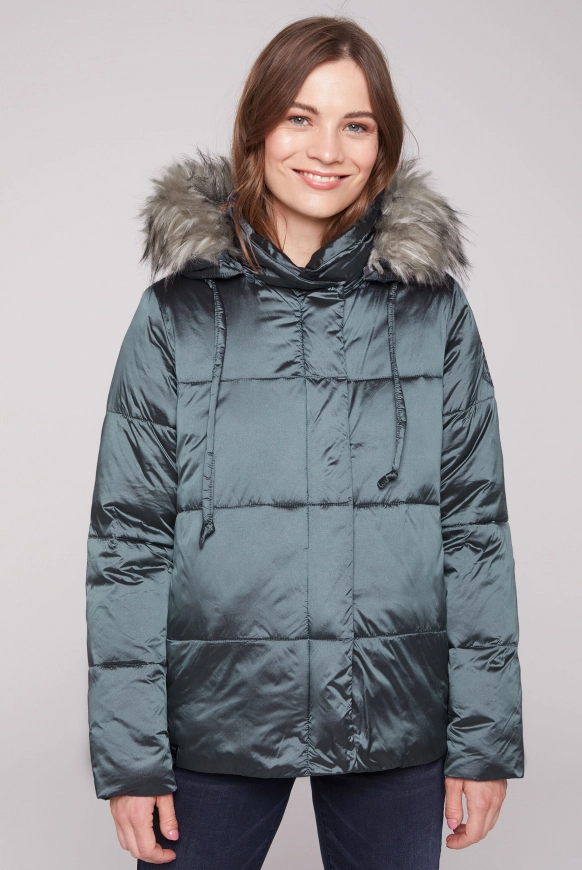 SOCCX Steppjacke mit Kapuze und Kunstfellkragen - shadow green | S