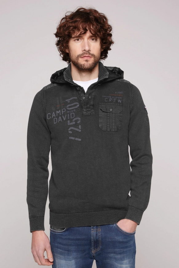 CAMP DAVID Stone Washed Troyer-Pullover mit Kapuze - black | M