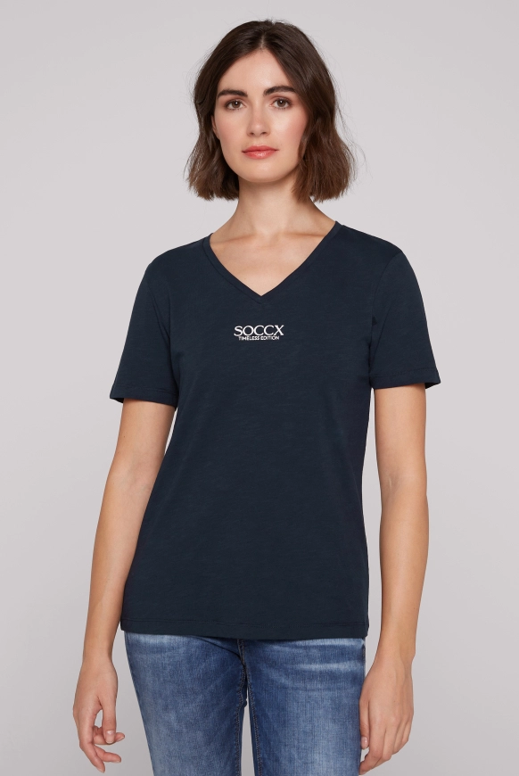 SOCCX Basic T-Shirt mit V-Ausschnitt und Logo - blue navy | L