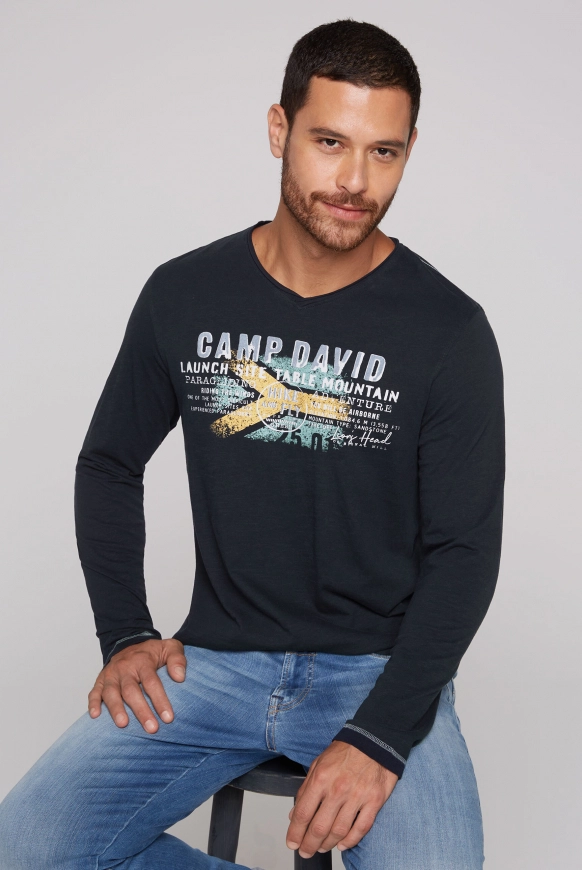 CAMP DAVID Longsleeve mit Flockprint - blue navy | S