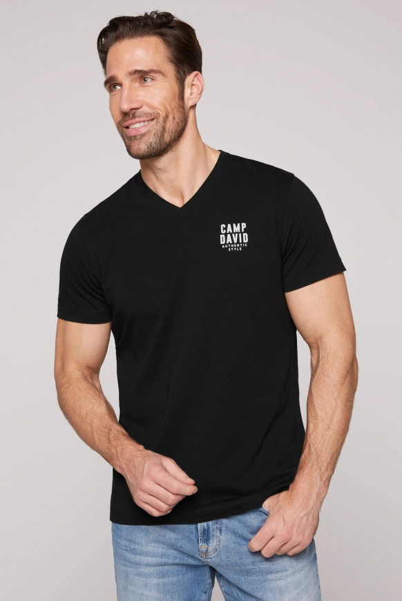 CAMP DAVID Basic T-Shirt V-Neck mit Logo Print - black | M