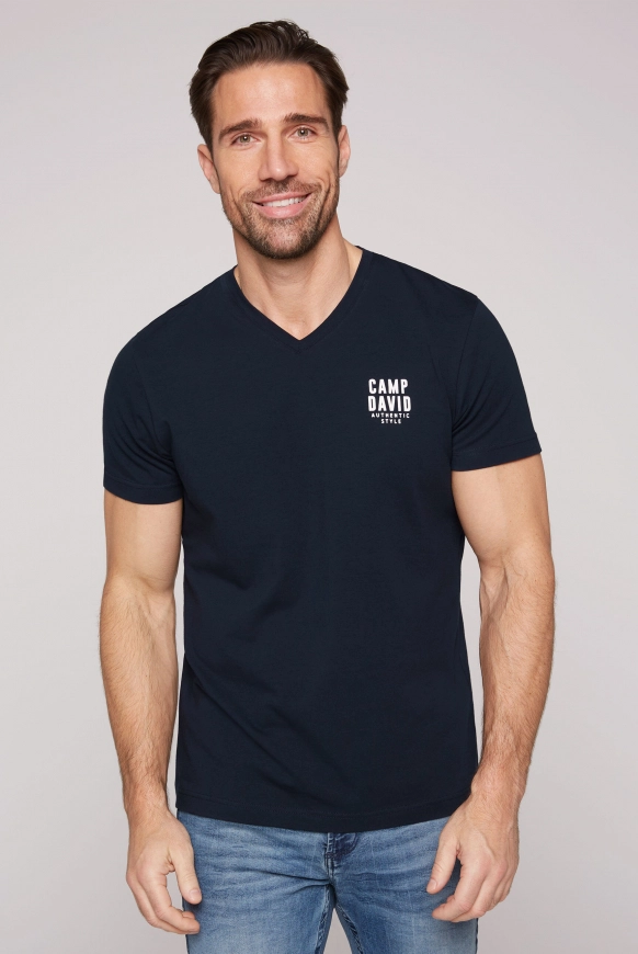 CAMP DAVID Basic T-Shirt V-Neck mit Logo Print - blue navy | XL