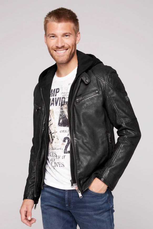 CAMP DAVID Bikerjacke aus Leder mit Kapuzeneinsatz - black | L