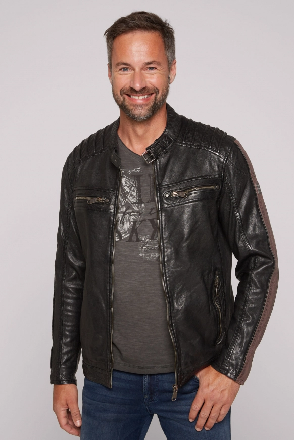 CAMP DAVID Lederjacke mit Racing-Streifen am Ärmel - black | L