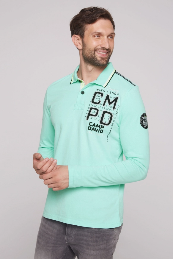 CAMP DAVID Langarmpolo mit Label-Applikationen - new aqua | 4XL