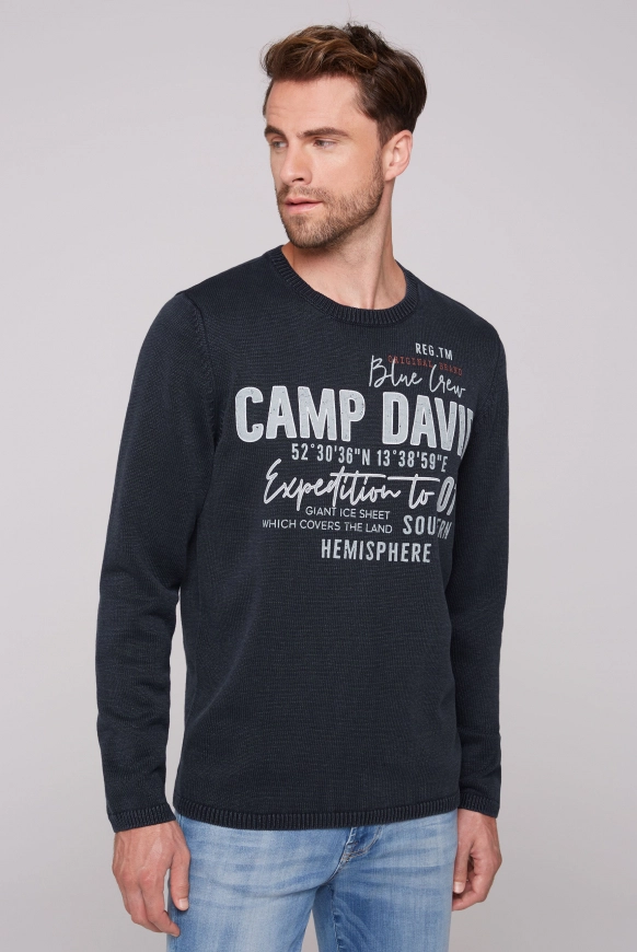 CAMP DAVID Rundhalspullover Stone Washed mit Logo Prints - deep sea | M