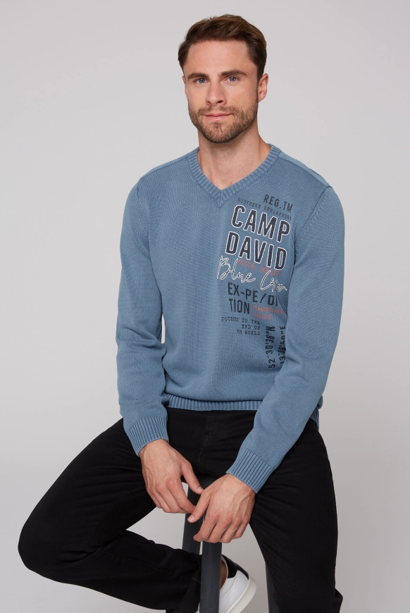 CAMP DAVID Pullover mit V-Neck und Logo Prints - nordic blue | XXXL