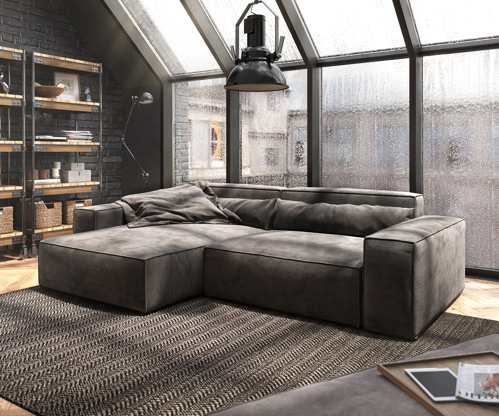 Ecksofa Sirpio XL 270x170 cm Mikrofaser Khakibraun Recamiere variabel mit Hocker