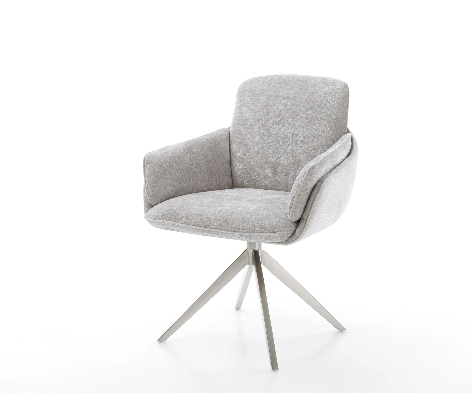 Drehstuhl Luan-Flex mit Armlehnen Chenille Silbergrau Kreuzgestell breit Edelstahl 360° drehbar Wippfunktion