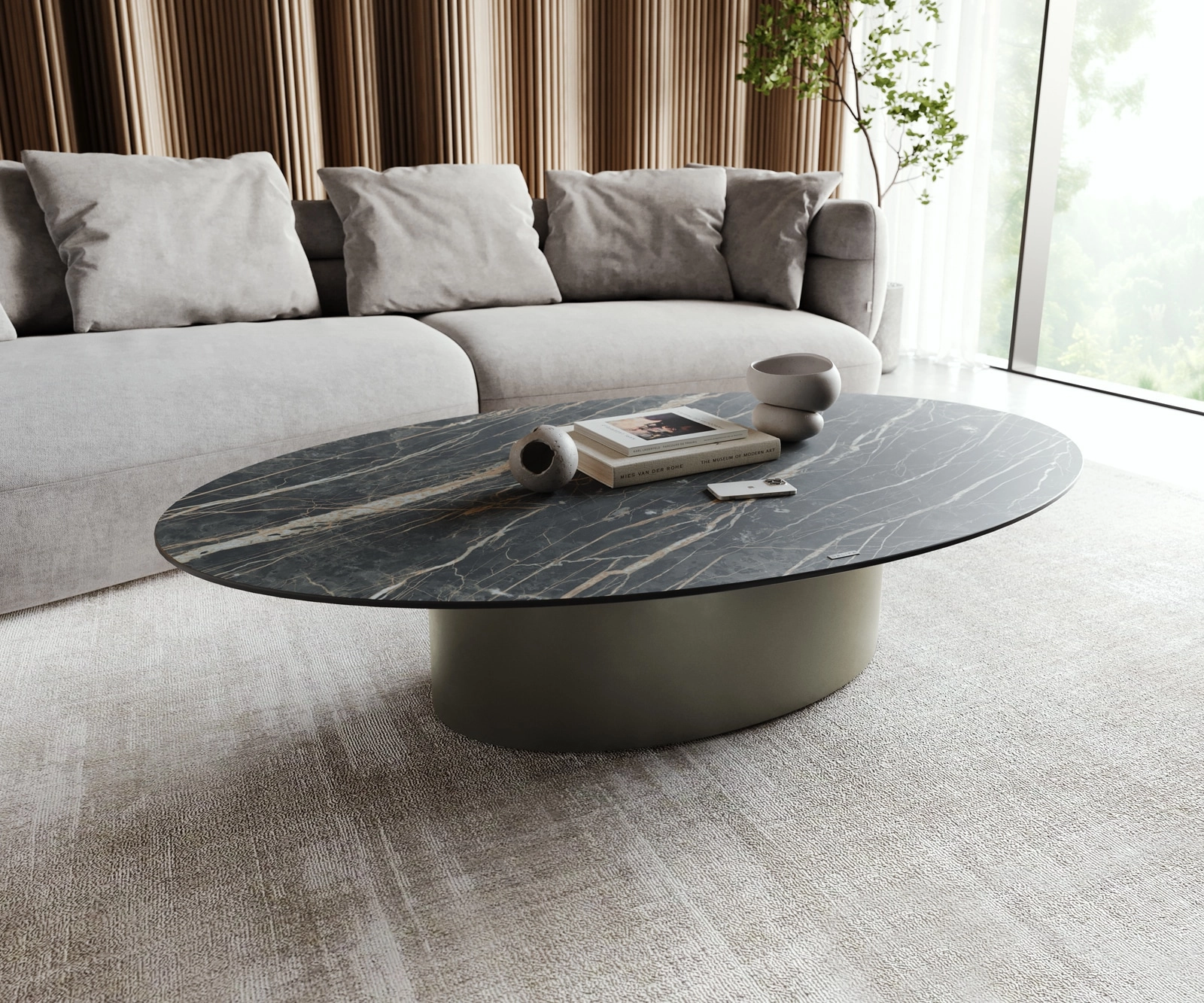 Couchtisch Casilda 150x90 cm Keramik Laminam®Noir Desir Braun Mittelfuß Effektfinish Titan