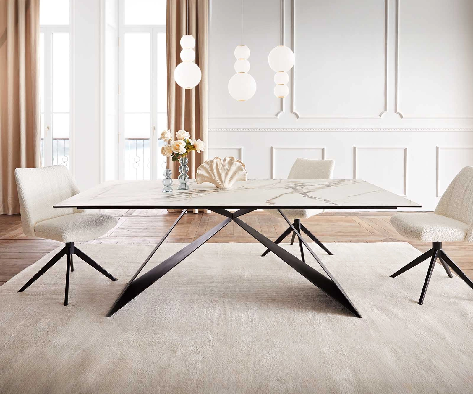 Esstisch Edge 200x100 Keramik Calacatta Luxe Weiß-Gold-Grau V-Gestell Flachstahl Schwarz