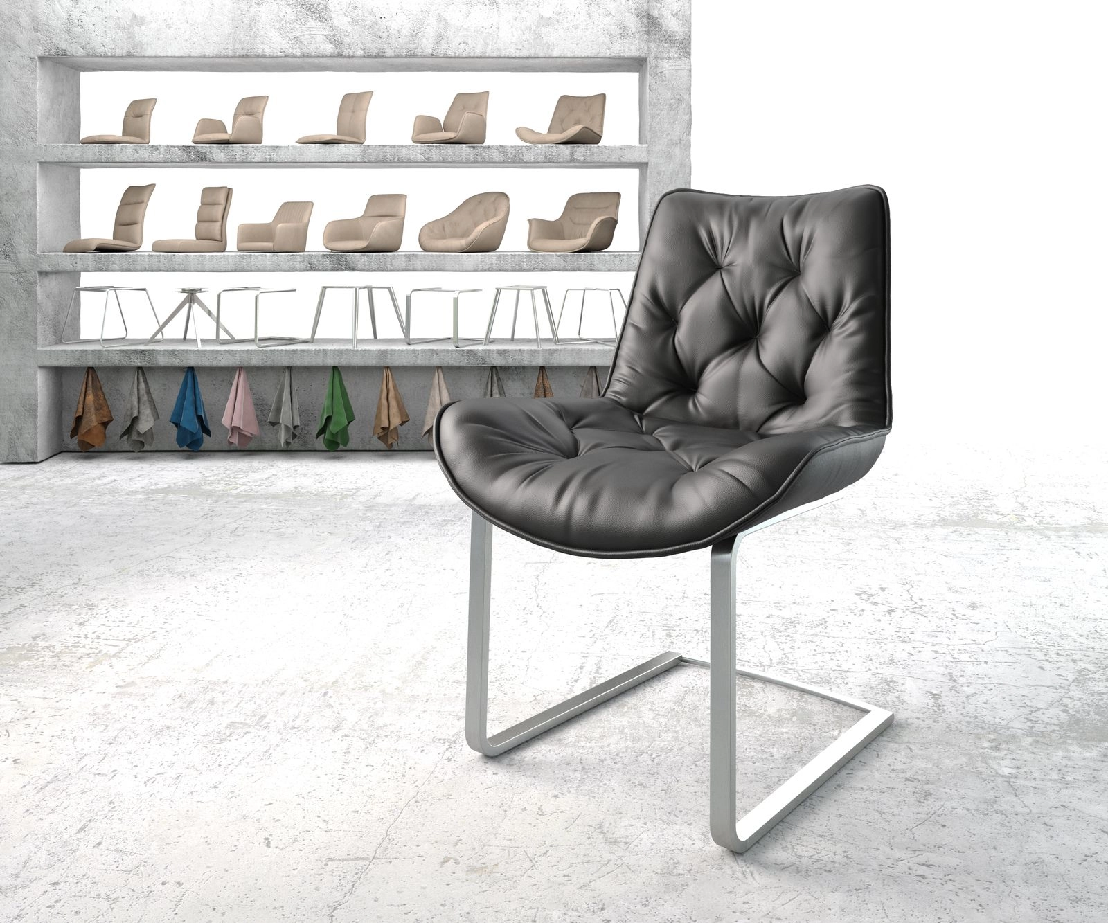 Schwingstuhl Taimi-Flex Echt-Leder Schwarz Freischwinger flach Edelstahl