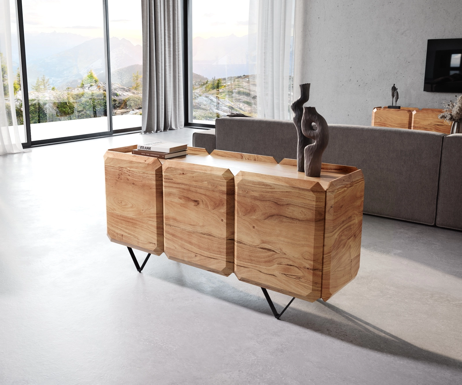 Sideboard Kiano 145 cm Akazie Natur 3 Türen V-Fuß Schwarz Raumteiler