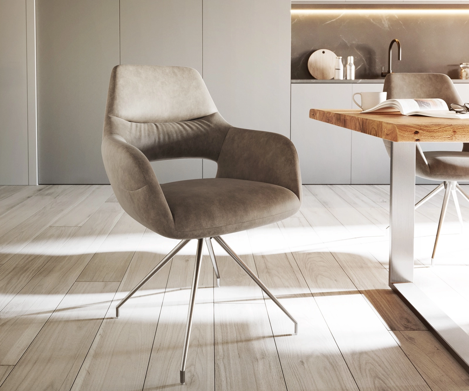 Drehstuhl Yago-Flex mit Armlehnen Taupe Vintage Kreuzgestell konisch Edelstahl 180° drehbar