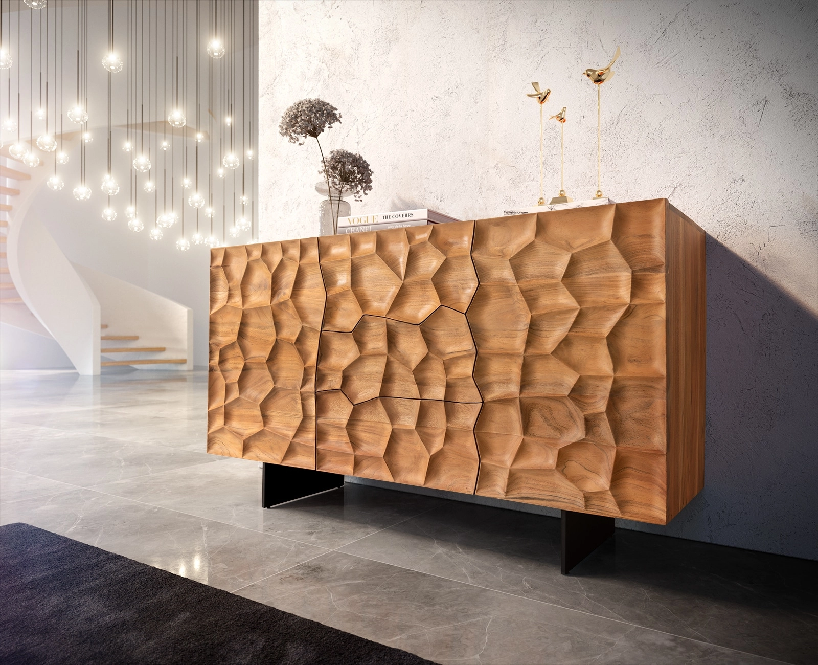 Sideboard Solu 145 cm Akazie Natur 2 Türen 3 Schübe Fuß schwebend Metall Schwarz 3D-Front