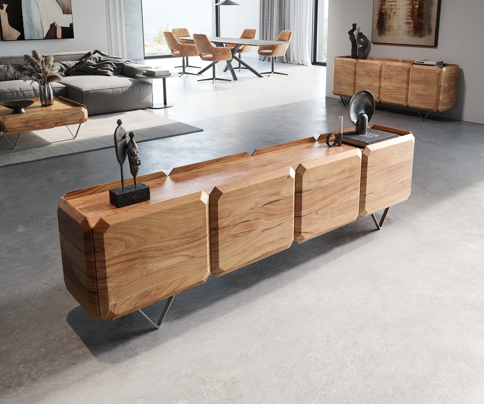 Lowboard Kiano 220 cm Akazie Natur 4 Türen V-Fuß Edelstahl Raumteiler