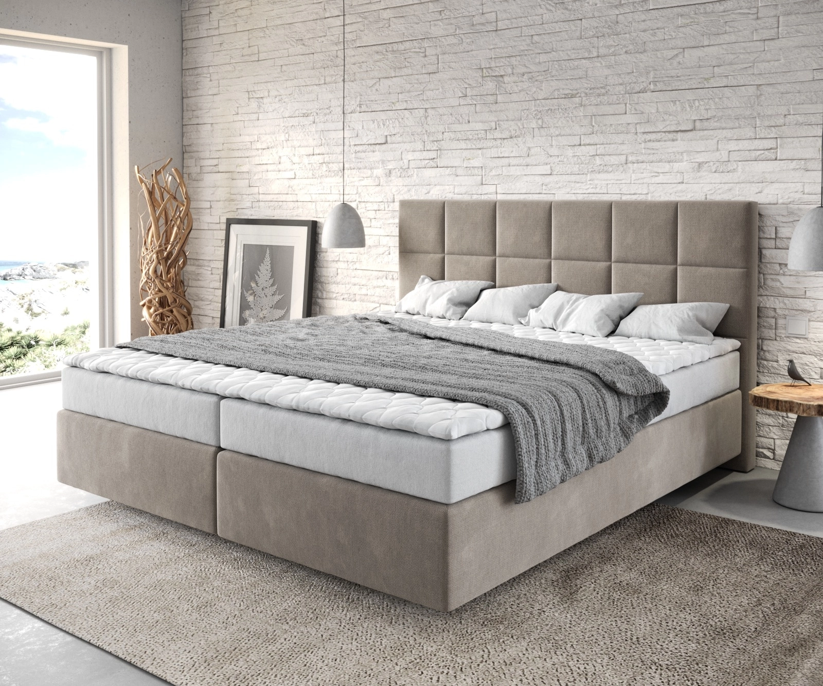 Boxspringbett Dream-Fine 180x200 cm Mikrofaser Beige mit Matratze und Topper