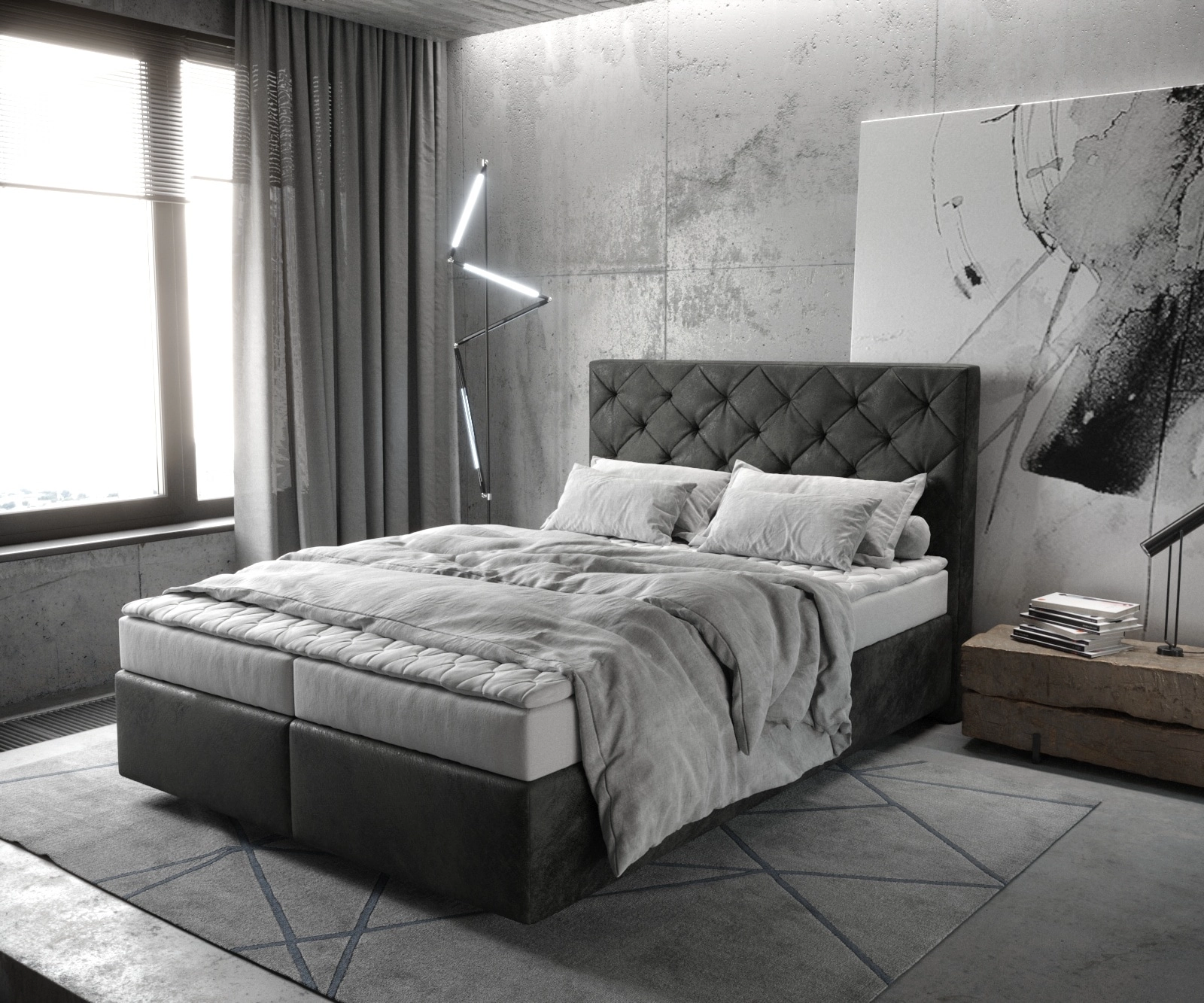 Boxspringbett Dream-Great 140x200 cm Mikrofaser Anthrazit Vintage mit Matratze und Topper